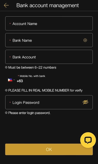 Step 4: Fill in the Account Name, Bank Name, Bank Account, Login Password